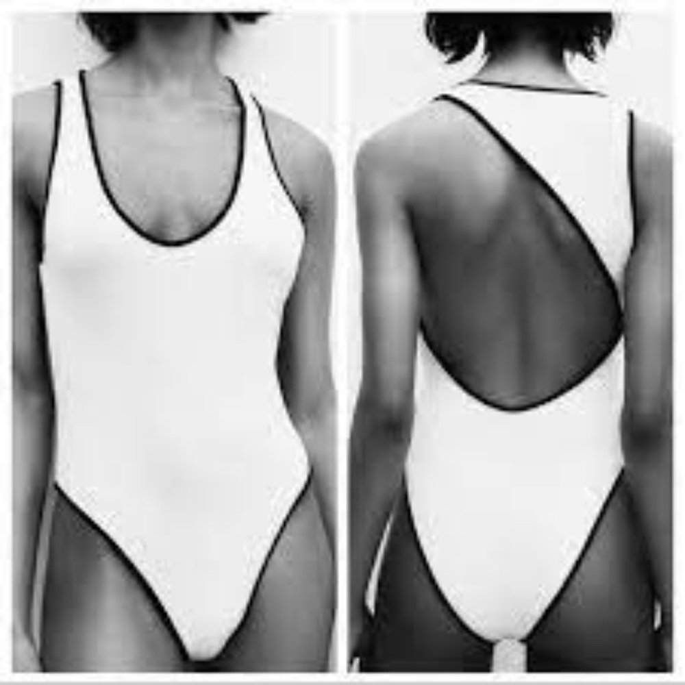 Zara White / Black Trim Asymmetrical Bodysuit, one piece fitted top size medium